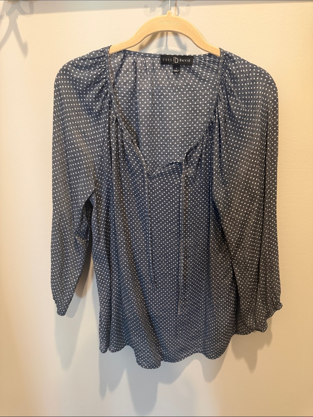 Fred David Navy and White Polka Dot Peasant Blouse